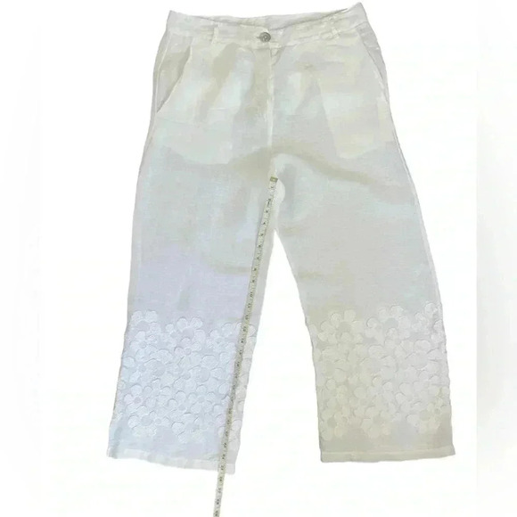 LaFabbricadeilino 100% Linen white floral derail pants size M Italy made Boho - Picture 5 of 12